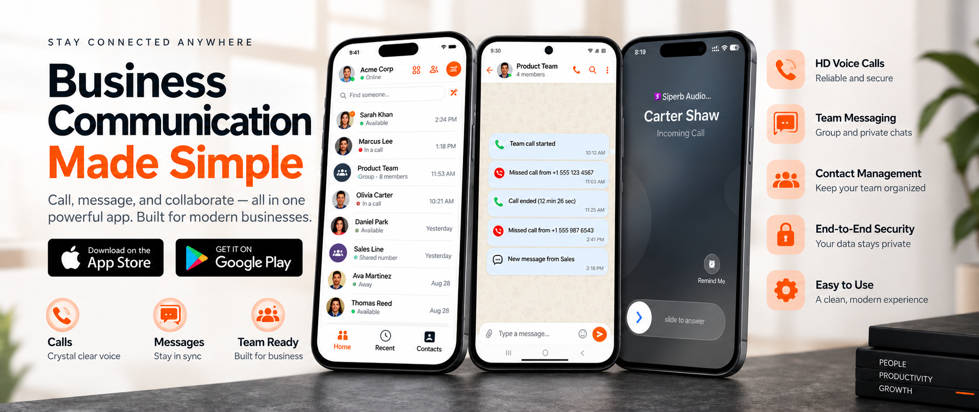 Siperb mobile app for business calling, messaging, and collaboration